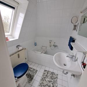 a bathroom with a toilet and a sink and a tub at Apartment Boje in Büsum