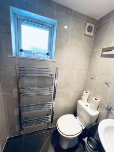 een badkamer met een toilet, een raam en een wastafel bij Gorgeous one bed room flat in central London in Londen