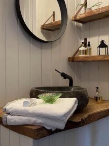 Nordic Relax House - WoodHouse في Sjöbo: حمام مع حوض حجري ومرآة