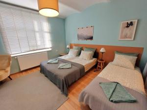 zwei Betten in einem Zimmer mit blauen Wänden in der Unterkunft Apartamenty Nova na Krakowskiej No 3 in Bielsko-Biała