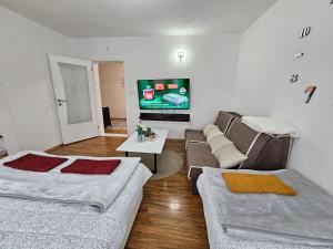 a living room with two beds and a tv at Apartment On the way in Stolac