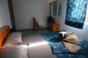 a bedroom with a bed with a blue blanket on it at Les Amazones Rouges Chambre Bleue in Ouidah