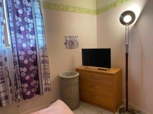 - une chambre avec un lit et une télévision sur une commode dans l'établissement Locations de la centrale de Belleville, à Neuvy-sur-Loire