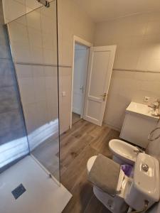 プラヤ・ブランカにあるCasa Realのバスルーム(トイレ、ガラス張りのシャワー付)