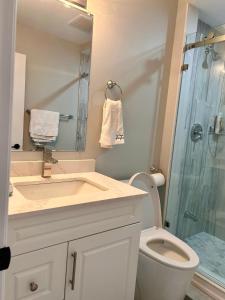 a bathroom with a sink and a toilet and a shower at SUITE A 2 Bedroom Apartment in Brampton