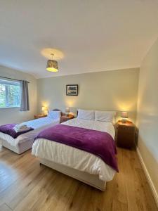 a bedroom with two beds with purple sheets and a window at Crega Cottage in Malin Head