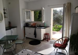 Charmant petit studio avec jardin et piscine في نيم: مطبخ مع مغسلة وطاولة وكراسي