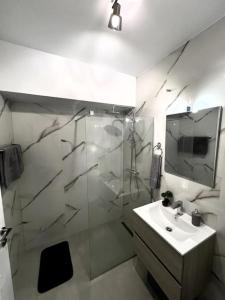 een badkamer met een douche, een wastafel en een spiegel bij Peace and Gratitude in Oradea