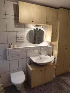 bagno con lavandino, servizi igienici e specchio di Großes Haus für Monteure a Sandweier