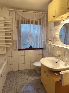 bagno con lavandino, servizi igienici e finestra di Großes Haus für Monteure a Sandweier