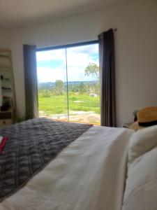 1 dormitorio con cama y ventana grande en Fazenda de Jehne, en Camamu
