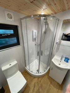 a bathroom with a shower and a toilet and a sink at Maple Lodge Quirky Salvaged Railway Carriage with Hot Tub in Boston
