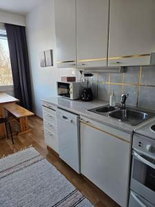 eine Küche mit einer Spüle und einer Arbeitsplatte in der Unterkunft Miller Apartment - Free parking, airport 21min in Klaukkala