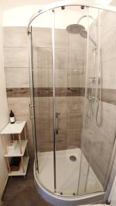 a shower with a glass enclosure in a bathroom at Apartamenty Nova na Krakowskiej No 3 in Bielsko-Biała