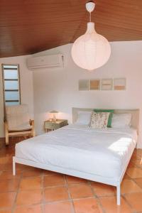 a bedroom with a white bed and a pendant light at RN Villa - San Benito in San Salvador