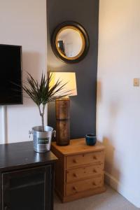 uma lâmpada sobre uma cómoda com uma planta em vasos em Avon's View em Stratford-upon-Avon