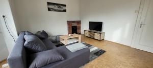 ein Wohnzimmer mit einem Sofa und einem TV in der Unterkunft Appartement Huber - TOP1 in Bruck an der Mur