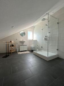 ein großes Bad mit einer Dusche und einem Waschbecken in der Unterkunft Ruhige Ferienwohnung in der Kernstadt Laubach in Laubach