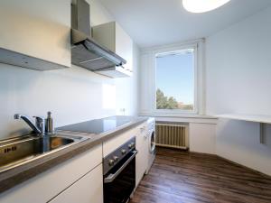 eine weiße Küche mit einem Waschbecken und einem Fenster in der Unterkunft Spacious Apartments with View & Free Parking in Wiener Neustadt