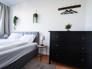 a bedroom with a black dresser and a bed at Spacious Apartments with View & Free Parking in Wiener Neustadt