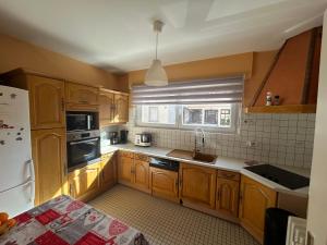 cocina con armarios de madera, fregadero y ventana en Superbe appartement avec belle terrasse, en Bischheim