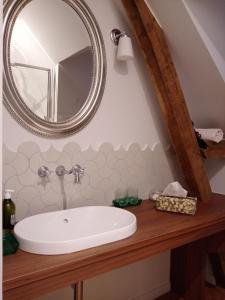 La salle de bains est pourvue d'un lavabo et d'un miroir sur un comptoir. dans l'établissement à la Mainguère, chambres d'hôtes, 