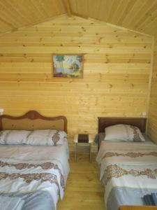 a room with two beds in a log cabin at Eco Aura in Areguni