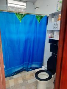 a bathroom with a blue shower curtain and a toilet at Granja Don Fabio in Lemos