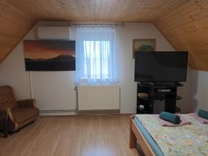 sala de estar con TV de pantalla plana y cama en Kéknefelejcs Vendégház, en Tapolca