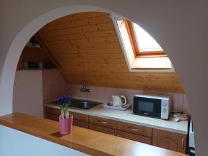 a kitchen with an arched window and a microwave at Kéknefelejcs Vendégház in Tapolca