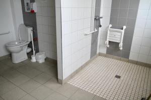 La salle de bains est pourvue de toilettes et d'une cabine de douche. dans l'établissement AUBERGE DE JEUNESSE, à Colmar
