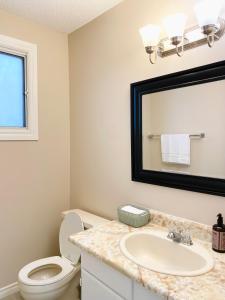 a bathroom with a sink and a toilet and a mirror at Lovely 3 bedrooms 2 bathrooms fourplex near Calgary Downtown in Calgary