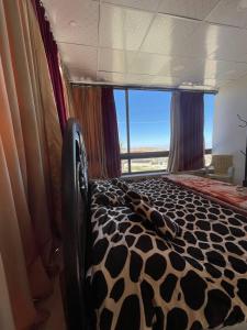 a cow print bed in a room with a window at Heritige Inn Jordan in Ad Dimnah