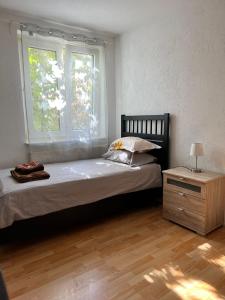 a bedroom with a bed with a window and a nightstand at Jennis Bi-Bi 2 bedrooms Apartment in Bietigheim-Bissingen