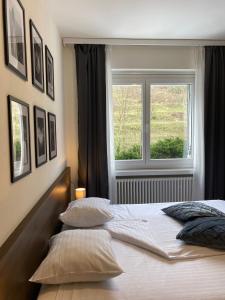 una camera da letto con letto, cuscini e finestra di Hotel Locanda dei Mulini a Novazzano