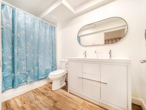 a bathroom with a white toilet and a mirror at Cozy & Luxurious 3-BR condo (4min to metro) in Montreal