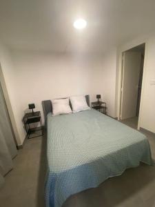 ein Schlafzimmer mit einem Bett mit zwei Kissen darauf in der Unterkunft T2 jusqu’à 4 personnes in Conques-sur-Orbiel