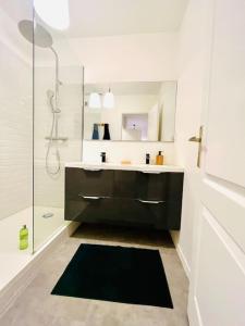 a bathroom with a sink and a shower with a mirror at Nice 1 bedroom in Chantilly in Chantilly
