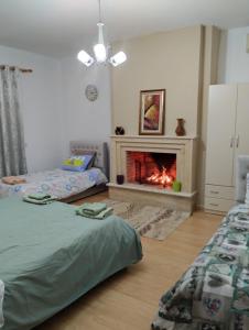 sala de estar con cama y chimenea en Serenity's Sunset Terrace, en Shkodër