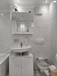 uma casa de banho branca com um lavatório e um WC em New Apartment mit Terrasse em Hanôver