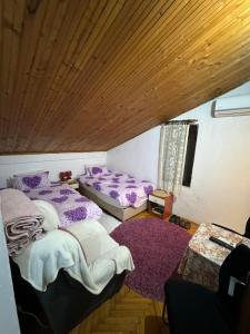 2 camas en una habitación con almohadas moradas en Airport home Radinovic en Podgorica