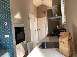 a kitchen with a sink and a stove top oven at Tinyhouse Grasmus in Nunspeet