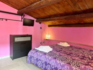 Habitación de color rosa con cama y TV en Al Vecchio Mulino da Nonna Ninetta, en Corfinio