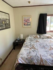 um quarto com uma cama e uma mesa com um candeeiro em Friendly one bedroom with full kitchen and bath em Renton