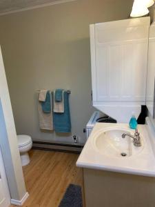 uma casa de banho com um lavatório, um WC e toalhas azuis em Friendly one bedroom with full kitchen and bath em Renton