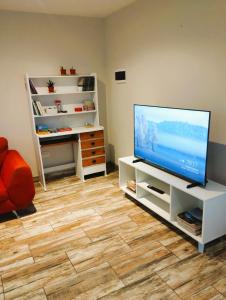 salon z telewizorem z płaskim ekranem i drewnianą podłogą w obiekcie ESTEPA CHIMEN w mieście Río Gallegos