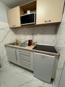 a kitchen with a sink and a microwave at City Center Apartman in Satu Mare