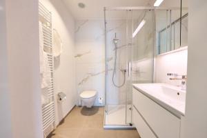 ein Bad mit einer Dusche, einem WC und einem Waschbecken in der Unterkunft Cartea Apartments Zürich Airport in Opfikon