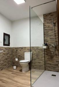 a bathroom with a toilet and a glass shower at Casa Sina in Riópar