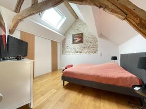 a bedroom with a bed and a television in a attic at Gite Robinelli - nature, cinema et jeux in Épisy
